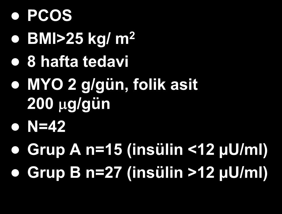 PCOS BMI>25 kg/ m 2 8 hafta tedavi MYO 2 g/gün, folik asit 200 mg/gün N=42 Grup