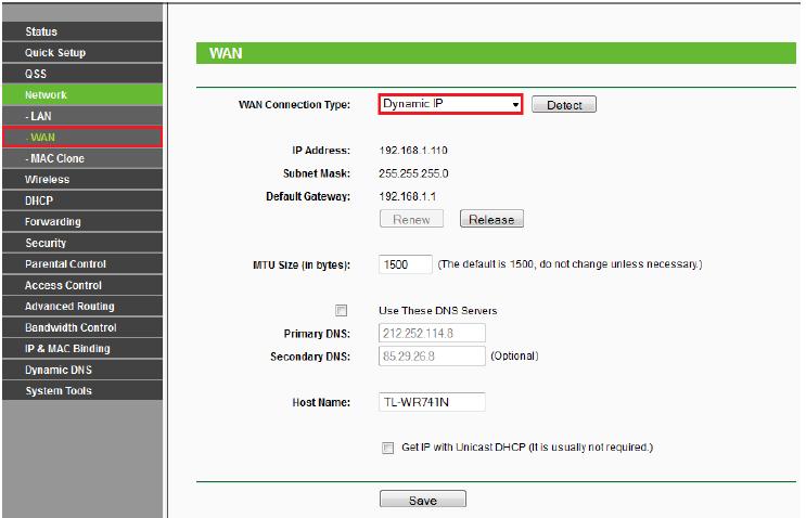 c. Dynamic IP Eğer WAN arayüzünde gelen bağlantıya dinamik olarak bir ip ataması yapmak isterseniz WAN Connection Type seçeneğini Dynamic IP seçmeniz gerekmektedir.