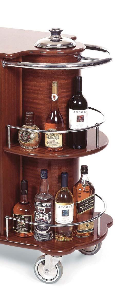 GOLD SERİSİ LİKÖR VE ŞARAP SERVİS ARABALARI GOLD SERIES LIQUOR AND WINE SERVING TROLLEYS GLIS 102 Dış Ölçüler :840x500x835/1355 mm 400 mm ahşap tablalı bardak standı Plexi glass bardaklık Bir adet