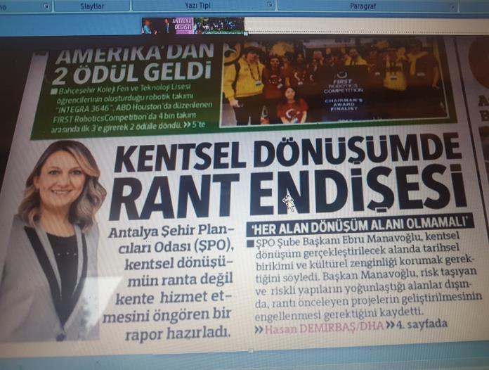 Hürriyet Akdeniz Gazetesi, Şubemizin Hazırladığı Antalya da Kentsel Dönüşüm