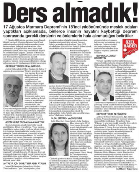 Antalya Yeni Yüzyıl Gazetesi, Şube Başkanımızın 17 Ağustos Marmara Depremi nin 18.