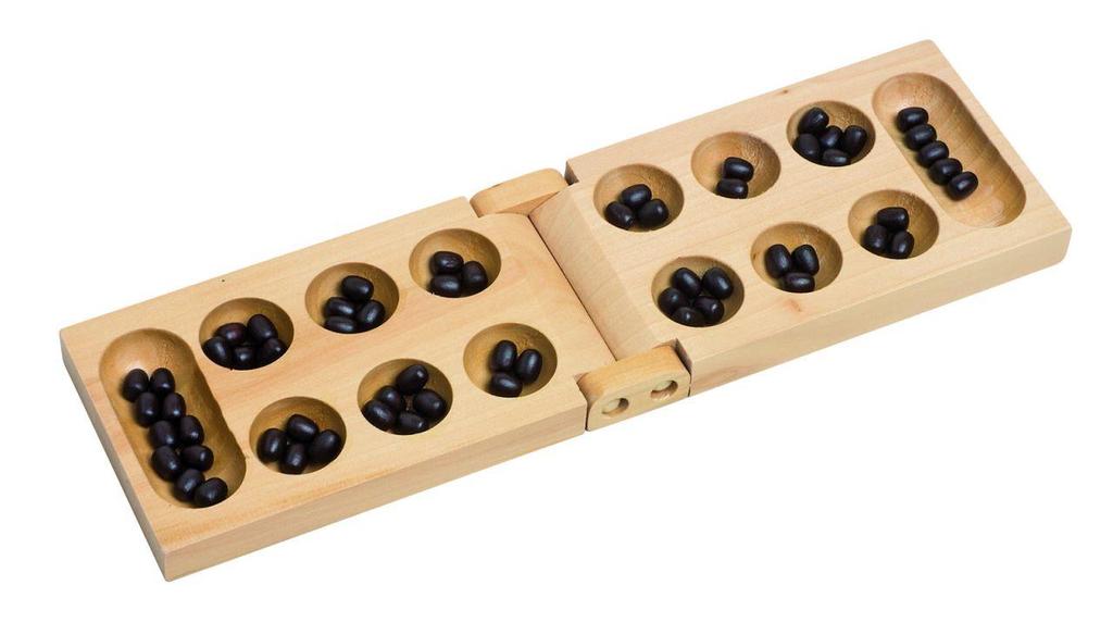 MANGALA Mangala oyunu iki kişi ile oynanır. Oyun tahtası üzerinde karşılıklı 6 şar adet olmak üzere 12 küçük kuyu ve her oyuncunun taşlarını toplayacağı birer büyük hazine kuyusu bulunmaktadır.