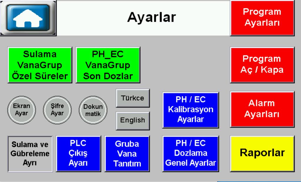 AYARLAR(Giriş ekranında üzerine basılarak ulaşılır) Sulama ve gübreleme birlikte seçilirse vana kontrolü ve dozlama birlikte yapılır.