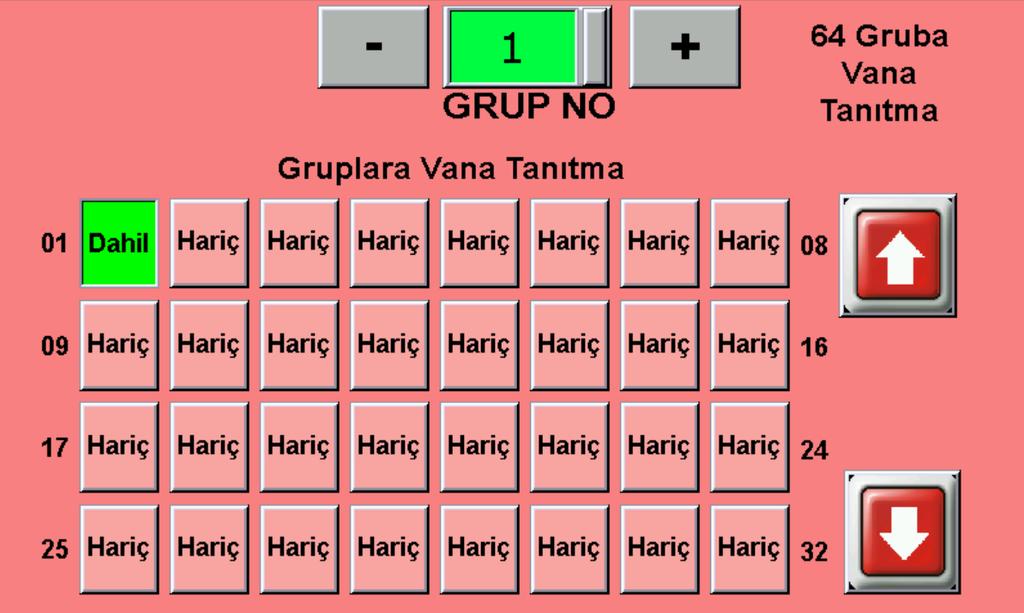 1 den 32 ye kadar olan vanaların Grup numarasını + veya - tuşu ile değiştirip vana numaralarının üzerine basarak
