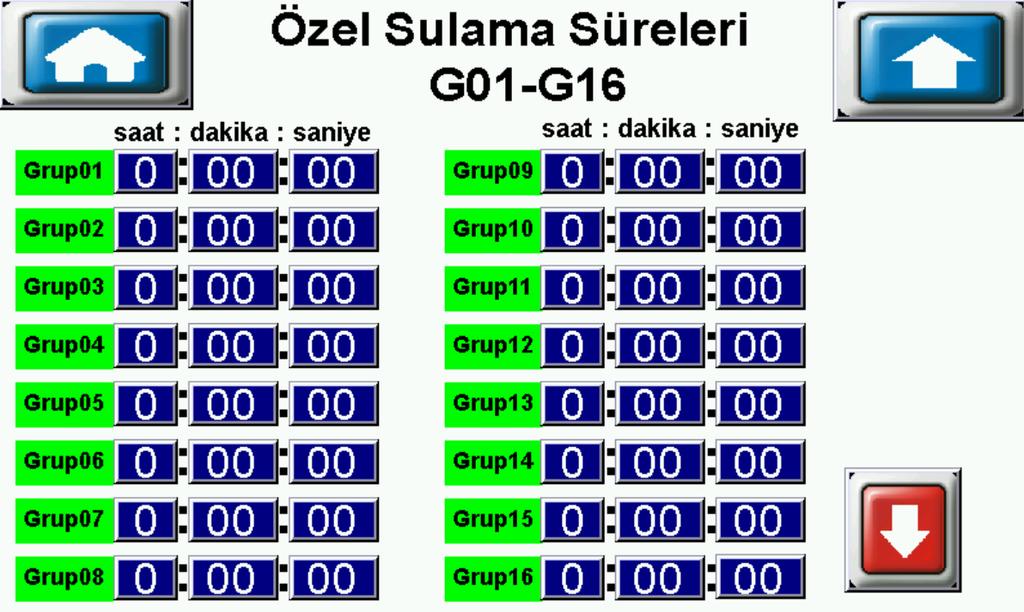 SULAMA VANA GRUP ÖZEL SÜRELER(Ayarlar ekranında Sulama Vana Grup Özel Süreler üzerine basılarak ulaşılır) Genel/Özel Süre Seçim ayarlarında Özel