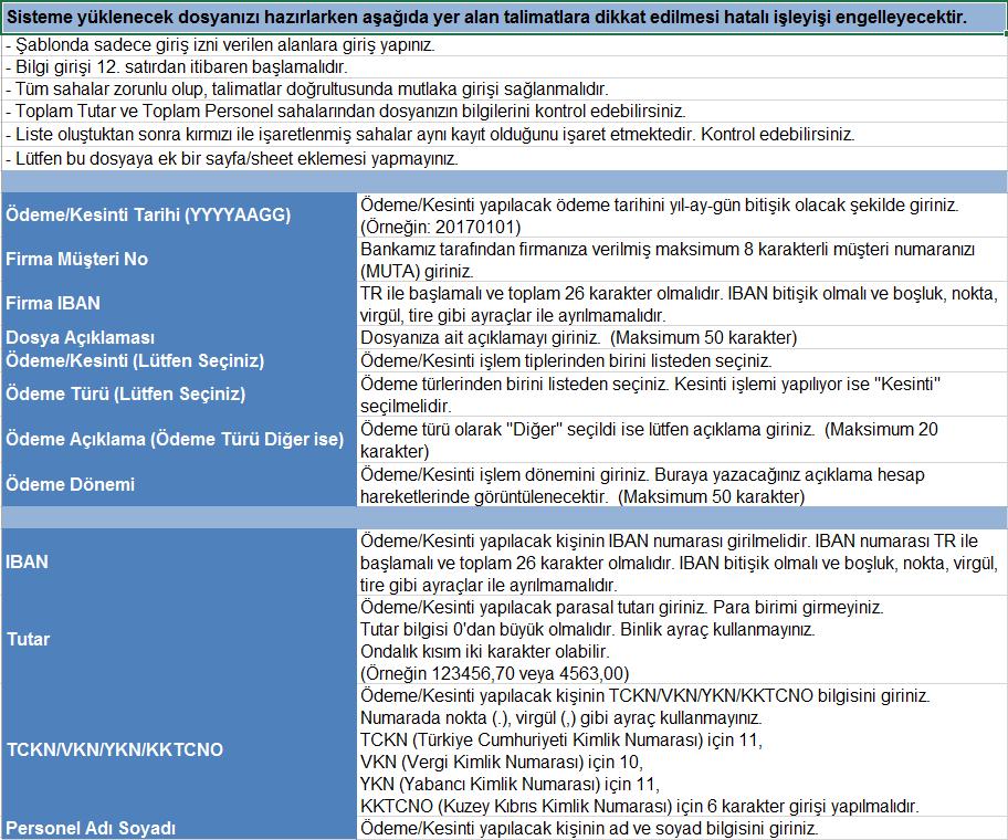 G. ŞABLONLAR Şubelerimizden temin edilebilecek IBAN ya da hesap numarası formatlı.xls,.