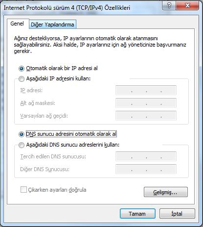 4 PC Yeniden Yapılandırma Adım 1 deki PC Yapılandırmada IP adresini belirlediğiniz adımları takip ediniz. Otomatik olarak bir IP adresi al ve DNS sunucu adresini otomatik olarak al seçiniz.