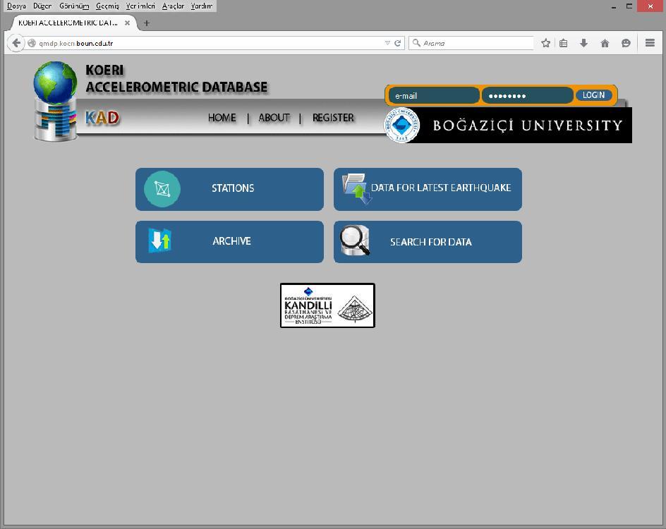 Şekil 2. KAD uygulamasına ait giriş sayfasının ekran görüntüsü. 2. İSTASYONLAR (STATIONS) İstasyonların hem enlem-boylam bilgileri ışığında hazırlanmış görsel harita üzerinden takip edilebildiği hem de listesinin görüntülenebildiği web arayüzüdür, (Şekil 3).