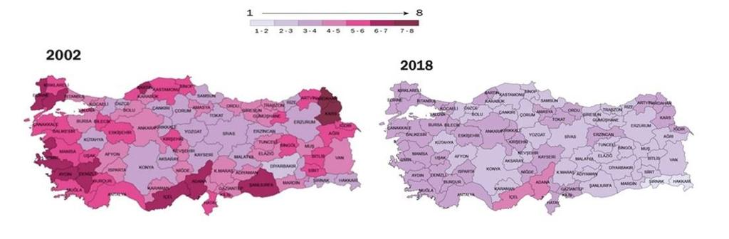 Yukarıdaki haritalarda seçimlerde hangi illerde seçmenin kaç f arklı partiye oy verdiği görülmektedir.