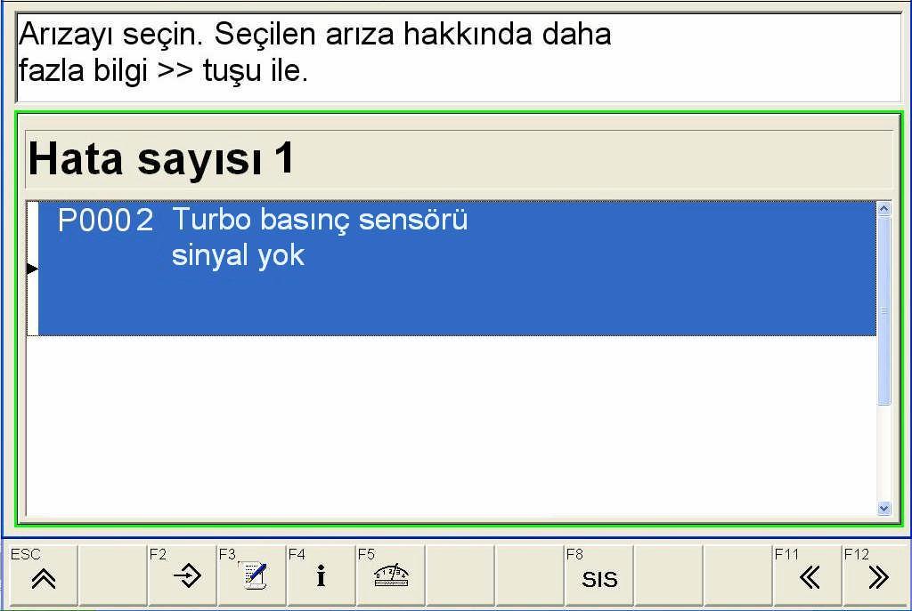 Resim 2.40: Diyagnostik cihazı turbo arızası hafızası ekranı Ekranda Resim 2.40 daki gibi arıza geliyorsa turbo basınç sensörü arızalı olabilir. Bu durumda sensörün soket bağlantısı kontrol edilir.