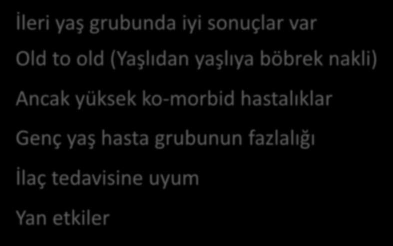 Transplantasyon İleri yaş grubunda %3,6 İleri yaş grubunda iyi sonuçlar var Old to old (Yaşlıdan yaşlıya