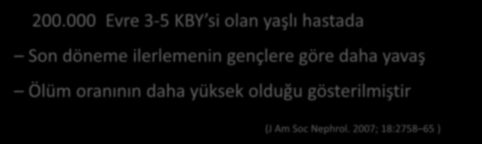 İleri derecede de olsa yaşlılarda KBY ilerleme hızı gençlere göre daha düşük Yaşlı popülasyonda KBY dışı mortalite yüksektir 200.