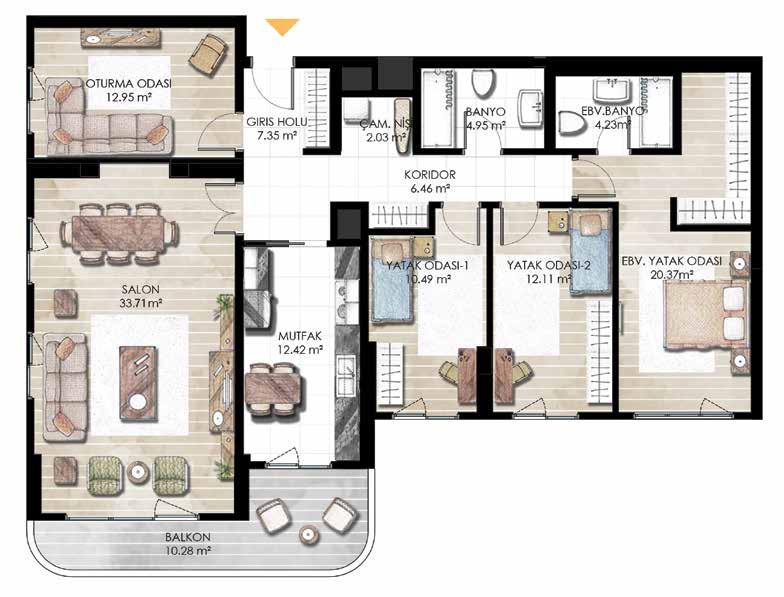 D3 4+1 DAİRE PLANI D3 Blok / Tip2 Net alan: 127.07 m 2-128.70 m 2 Balkon: 10.28 m 2-11.79 m 2 Balkon dahil toplam net alan: 137.35m2-140.17 m2 Satışa esas brüt alan: 192.79 m 2-204.58 m 2 Salon: 33.