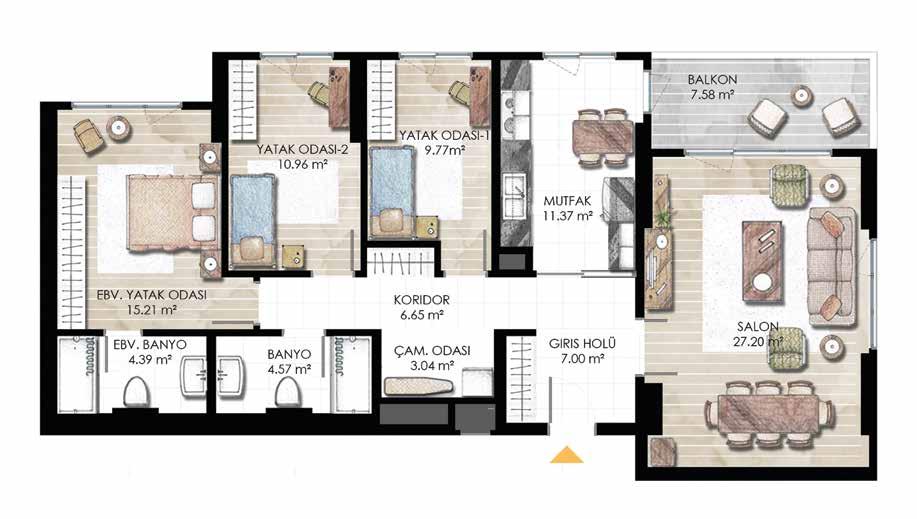 E 3+1 DAİRE PLANI E Blok / Tip2 Net alan: 100.16 m 2-103.03 m 2 Balkon: 7.58 m 2-8.49 m 2 Balkon dahil toplam net alan: 107.74 m2-111.09 m2 Satışa esas brüt alan: 153.89 m 2-172.05 m 2 Salon: 27.