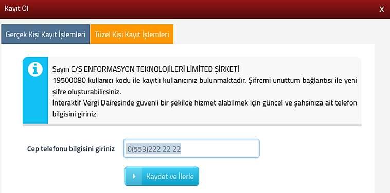 Mükellefin cep telefon bilgileri kayıtlı ise, butonuna tıklanır.