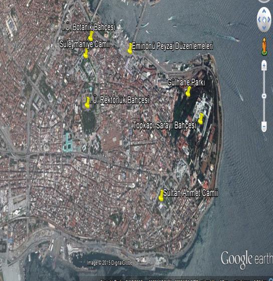 Şekil 1. Çalışma alanı ve örnek alanların İstanbul Tarihi yarımadadaki (URL 1, 2015).