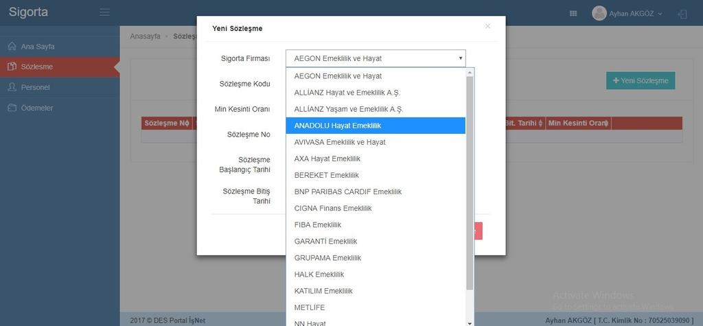 6. Yeni Sözleşme butonuna tıklanır. Tıklandığında aşağıdaki gibi bir ekran açılır.