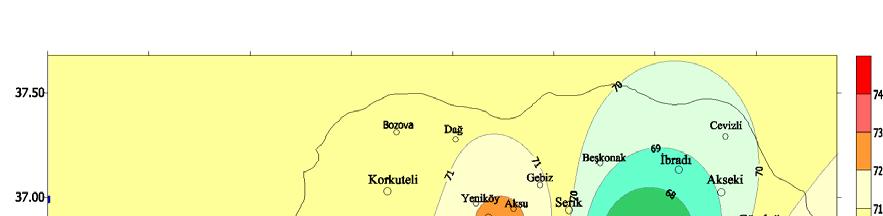 Şekil 257. Ekim Ayı Ortalama Güneşlenme Süresinin Mümkün Olan Güneşlenme Süresine Oranı (%) Şekil 258.