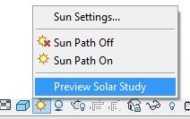 GÜNEŞ ÇALIŞMASININ ÖNİZLEMESİNİ YAPMAK Görünüm Kontrol çubuğundan Preview Solar Study seçilir.