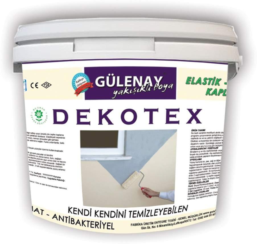 YENİ ÜRÜNLERİMİZ DEKOTEX ELASTİK DIŞ CEPHE KAPLAMA BOYASI Kendi kendini temizleyebilen, uzun ömürlü, %600 esnekliğe sahip olan, dış cephe kaplama boyasıdır. Solmaz, sürtünme ve darbelere dayanıklıdır.