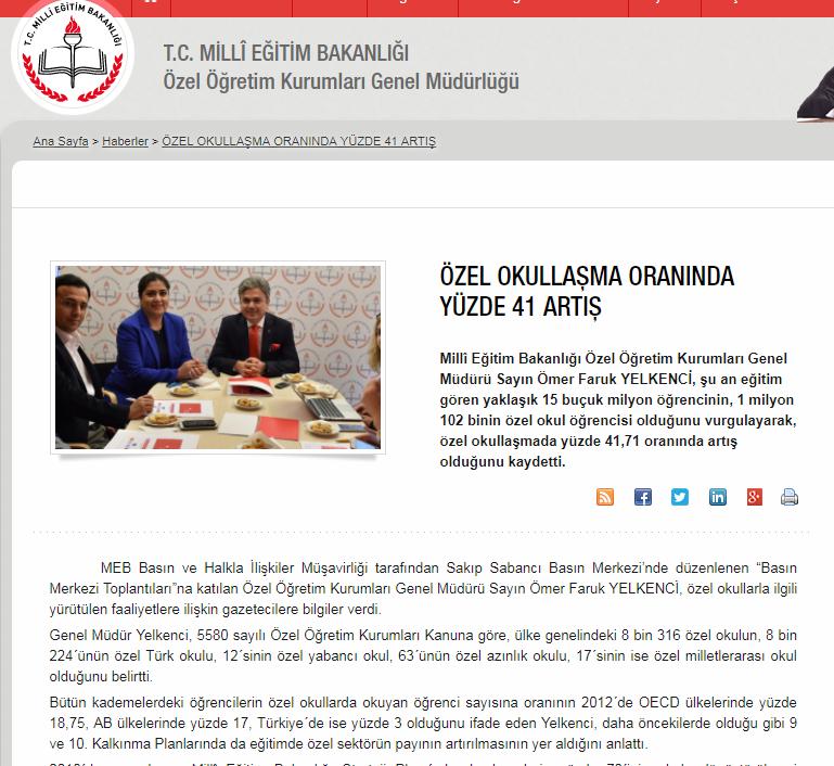 ÖZEL OKULLAŞMA ORANINDA ARTIŞ 2013: