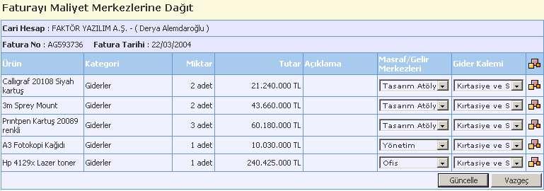 Bu ekran üzerinden her bir ürün/hizmet satırının hizasında ilgili gider kalemi, masraf merkezi ve masrafı yapan kişi adı seçilebilir.