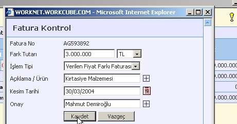 Bu ekran Fark Faturası Emri oluşturmak için kullanılır. İlişkili Fatura No, Fark Tutarı ve İşlem Tipi alanları sistem tarafından otomatik olarak doldurulur.