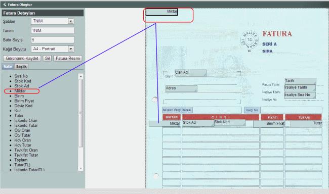 Fatura görünümüne bakıldığında sol üst köşeye, tıkladığımız adın alanının geldiğini görüyoruz. Alanı tutup istediğimiz yere sürükleyip bırakabiliriz.