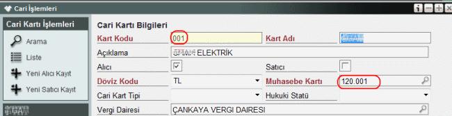 * karakterinin anlamı; * seçili olduğu zaman Yeni Alıcı cari kartı girişinde aşağıdaki örnekte olduğu gibi Kart Kodu alanına 001 yazarak Muhasebe Kartı alanında ve de hesap planda otomatik olarak 120.