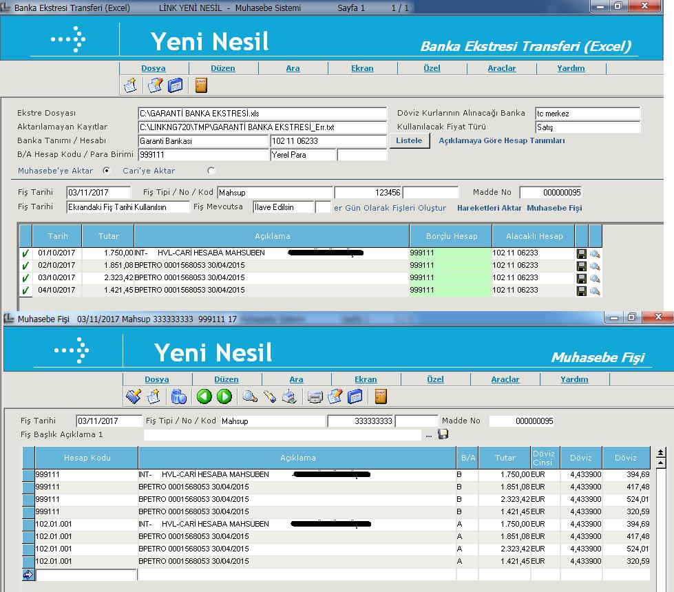 Banka Hesap Ekstresi Transferi / Banka Ekstresi Transferi (Excel) - Yerel Para ile hazırlanan excel