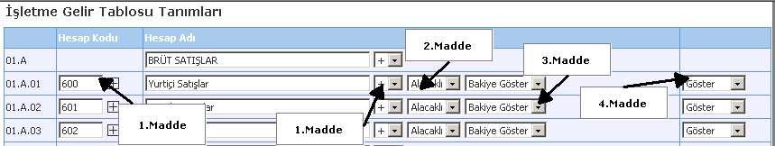 İlk bölüm Gelir Tablosundaki hesapların alfanumerik kodlarını gösterir. Hesap Adı bölümünde gelir tablosuna dahil olan hesapların başlıkları görüntülenir. Bu başlıklarda düzenleme yapabilirsiniz. 1.