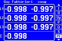 Güç Faktörleri ve cosφ ler Bu ekran, güç faktörlerini ve ve cosφ değerlerini gösterir. Eksi (-) işareti olan kapasitifken, olmayan endüktifdir.