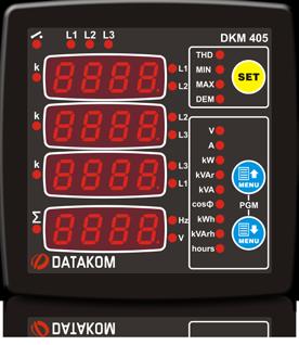 05 Enerji Kalitesi Şebeke Analizörleri 96x96 mm DKM 0 Multimetre DKM 0 üç fazlı dağıtım panolarında akım, gerilim ve frekansın görülmesini sağlayan yüksek hassasiyetli bir multimetredir.