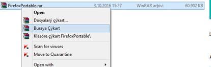 2-) Açılan sayfada Firefox Portable başlığı altındaki indirmek için tıklayınız yazısına tıklıyoruz 3-) Winrar ile