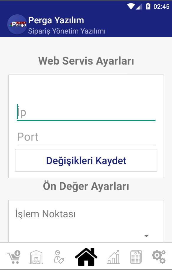 İp ve port bilgilerini girdikten sonra eğer bağlantı gerçekleşirse ön değerler yüklenecektir.ön değerler kısmında işlem noktası,personel ve stok yerini seçilmesi gerekmektedir.