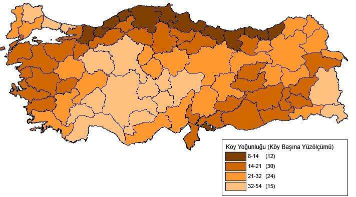 Harita 2: İller itibarıyla köy başına (beldeler dâhil) düşen ortalama alan büyüklüğü (Km2, 2012) Kaynak: TÜİK verileri kullanılarak üretilmiştir.