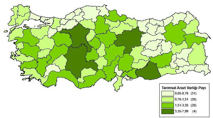 Harita 4: Toplam tarımsal arazi varlığının iller itibarıyla dağılımı (Yüzde, 2013) Kaynak: TÜİK Diğer taraftan
