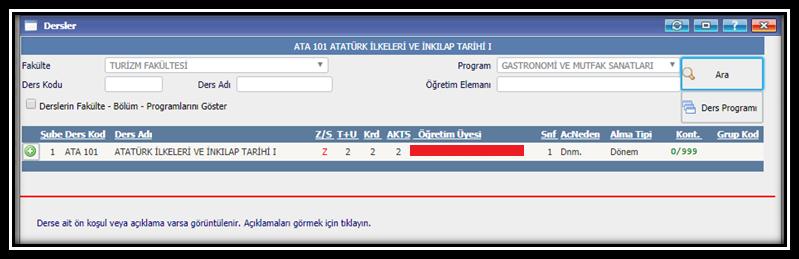 4. Bu ekranda da dersin solundaki ( ) işaretine basarak bir önceki sayfada bulunan seçilen dersler kısmına eklenir. 5.