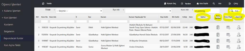 başvuru yapılacak kursların listesini görebilirsiniz.