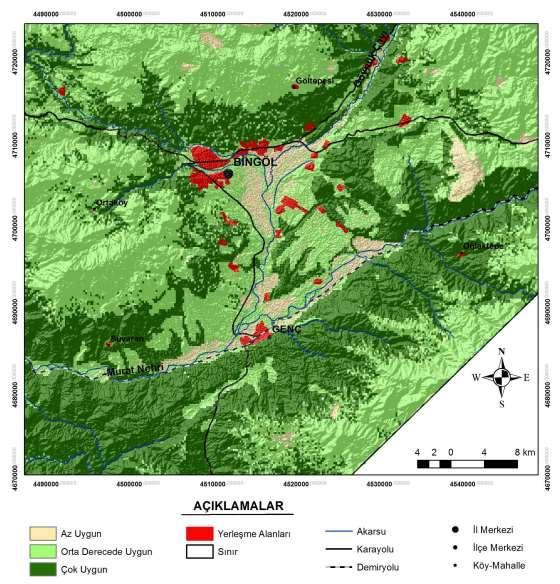 188 Şekil 4: Bingöl Ovası ve Yakın Çevresinde Orman Arazilerinin Uygunluk Haritası Tarım alanları için uygunluk gösteren alanlar ise araştırma sahasında oldukça az bir orana sahiptir.