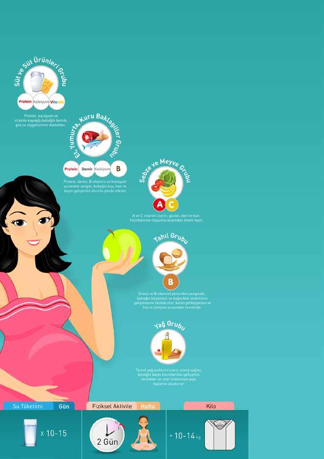 Hamilelikte Sağlıklı Beslenme Hamilelikte Anahtar Besinler Süt ve süt ürünleri grubu: Protein, kalsiyum ve vitamin kaynağı; bebeğin kemik, göz ve diş gelişimini destekler.