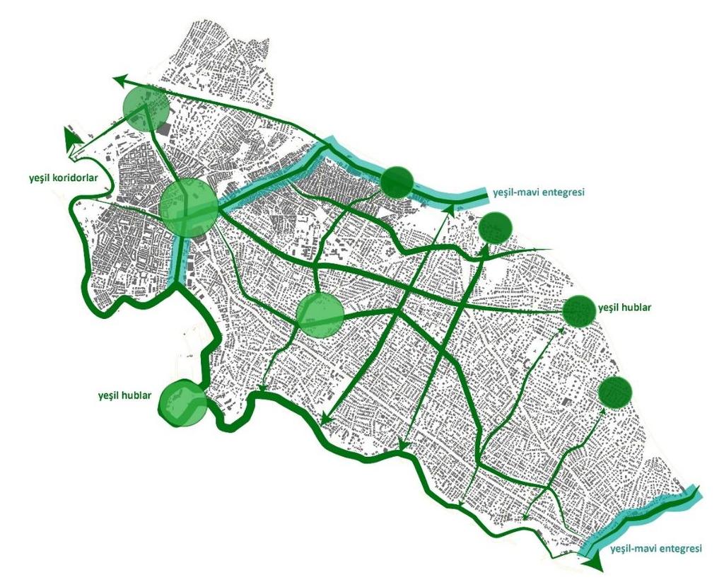 9 KADIKÖY BELEDİYESİ İKLİM ADAPTASYON PLANI ÖZETİ Şekil 3: Kadıköy İlçesi için önerilen Yeşil Koridor ve Yeşil-Mavi Entegresi Çalışma boyunca elde edilen tüm bulgular, Kadıköy kentinin kentsel ısı