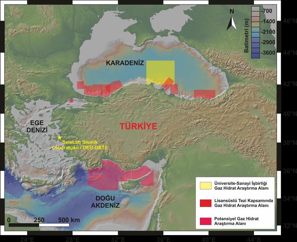 Şekil 4. Türkiye denizlerinde gaz hidrat araştırmalarının sürdürüldüğü alanlar.