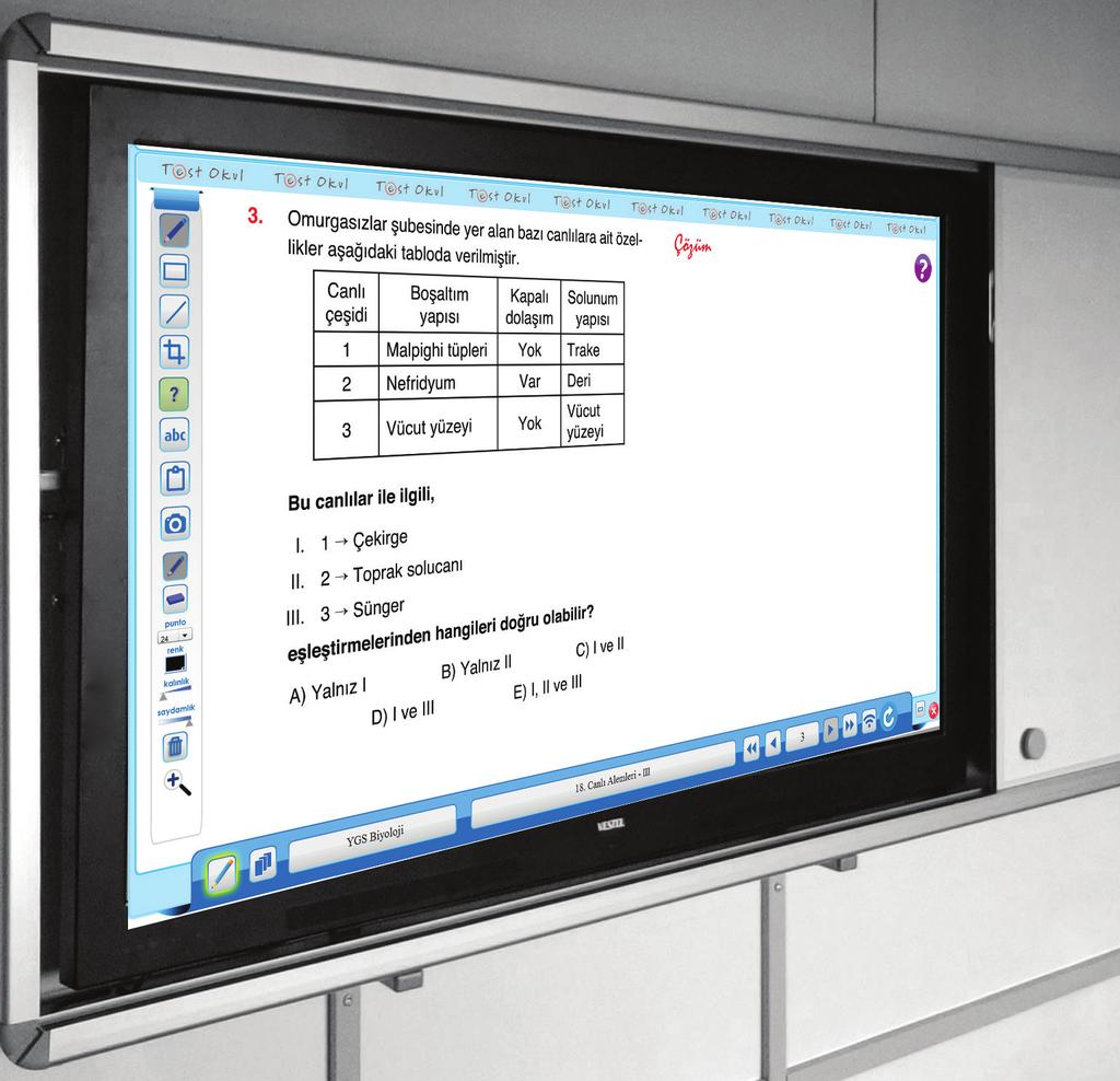 Akıllı Tahta için Tam Dijital Destek Mikro konu tarama paketlerinin testlerindeki her soru akıllı tahtada teker teker açılır.