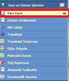 2. Ders Kayıt a tıklayınız.! Gelen Uyarı ekranını okuyunuz ve kapatınız. 3. Öğrencilerin ders kayıt işlemi yapabilmesi için ilgili akademik yıla ait öğretim ücretlerini ödemiş olmaları gerekmektedir.