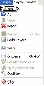 Dosya menüsünden Yeni seçilir.