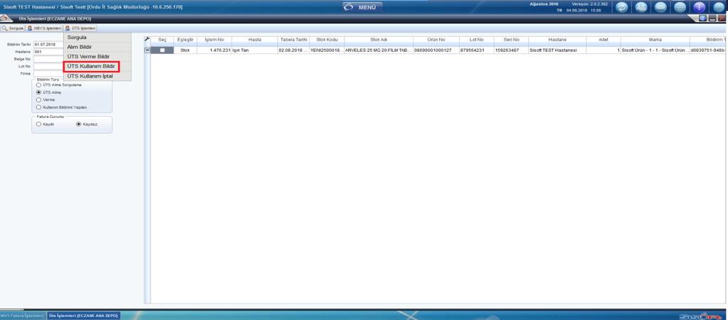 SayfaNo : 8/11 Çekilen ürünler ÜTS Alma işaretlenerek sorgulanabilir. Ürünler hasta için kullanılacağı zaman İşlem No alanına hasta İşlem Numarası girilerek sistem üzerinden hastaya kaydı yapılır.