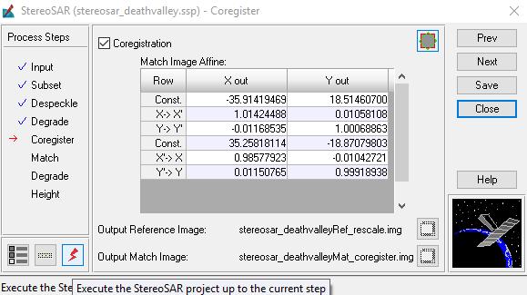 StereoSAR Registration Tool penceresinde Apply a tıklanarak değişiklikler uygulanır. StereoSAR Registration Tool daki Close butonuna tıklayarak pencere ve altı görüntü penceresi kapatılır.