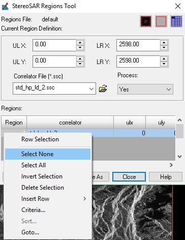 üstteki diyalog deaktif hale gelir. Bu şekilde, görüntünün tamamının kullanılmasının istendiği tanımlanmış olur. StereoSAR Regions Tool kapatılır.