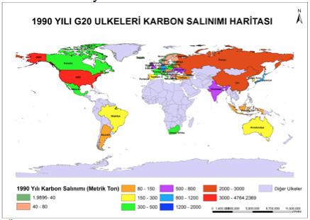 Şekil 2. Ülkelerin 1990 yılı karbon emisyonların tematik harita ile gösterimi Şekil 3.